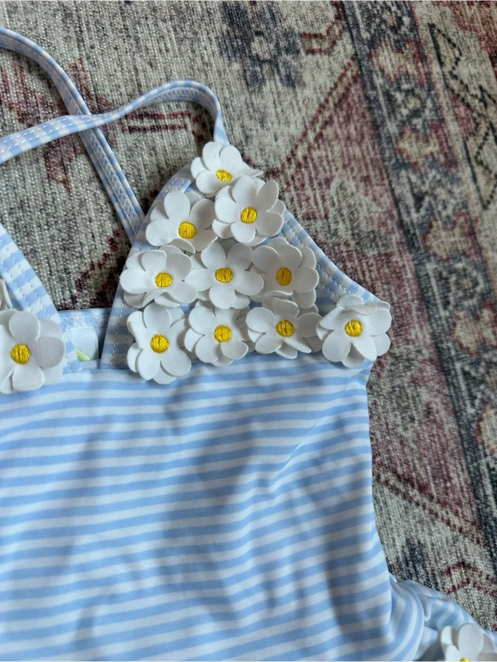 Little Me Light Blue & White Striped Daisy Ruffle One-Piece 12M